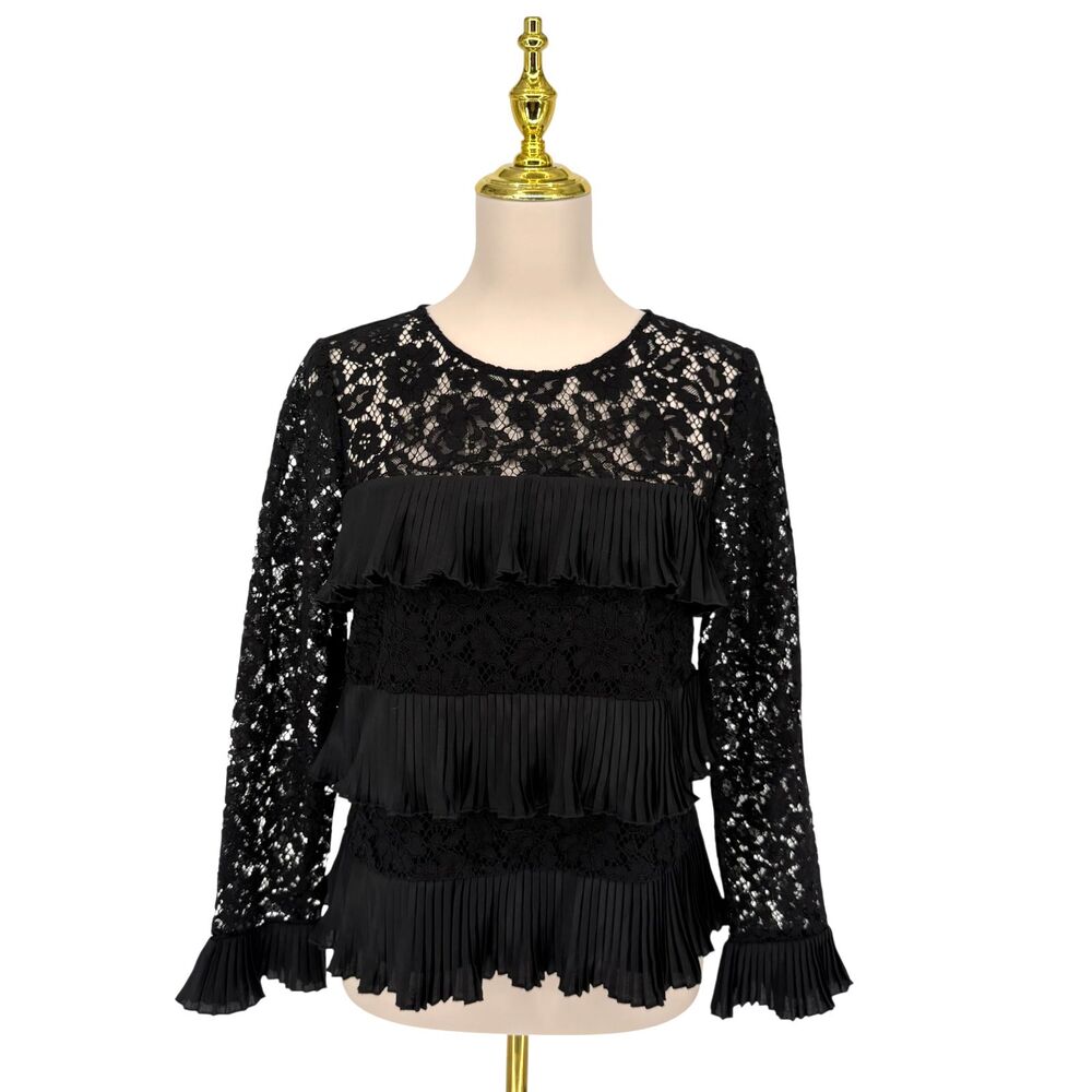 J Crew Black Lace Ruffle Top 4 Sheer Sleeve Floral Pleated Tiered Blouse Keyhole - Picture 2 of 10